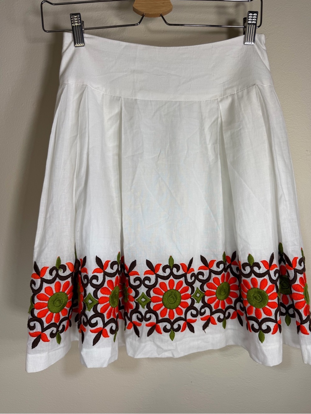 Milly White Circle Skirt with Red-Orange & Green Floral Embroidery